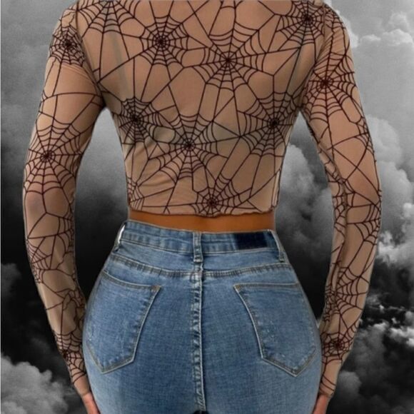 Tan Sheer Top with Brown Spider Webs Stretchy Long Sleeved Seemed Detail - Picture 2 of 7